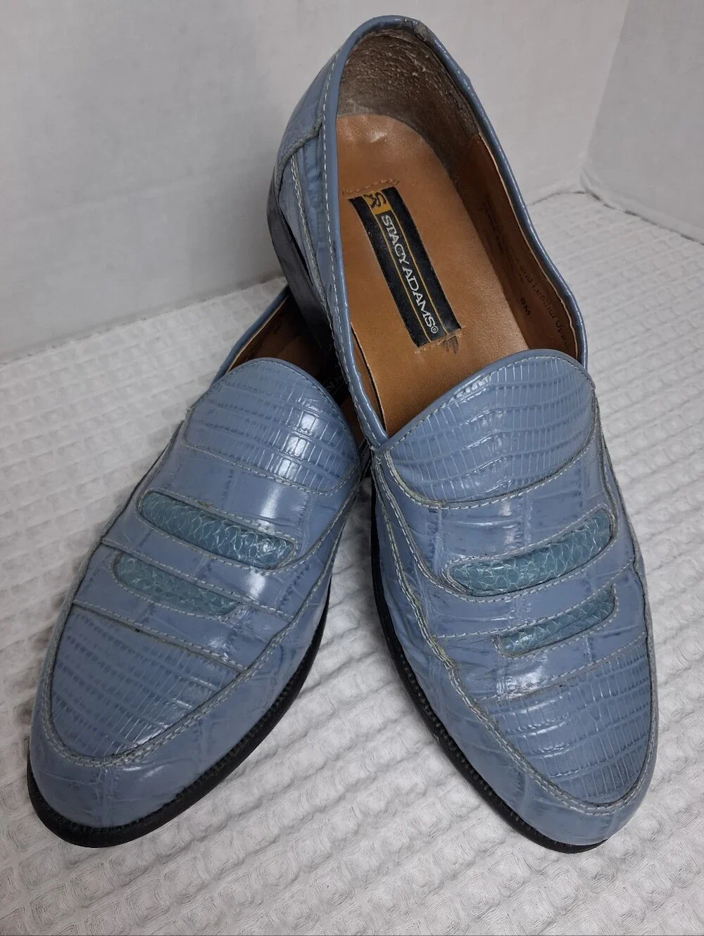 Stacy Adams Men's Croc Embossed Leather & Snakeskin Loafer Size 8 Dusty Blue